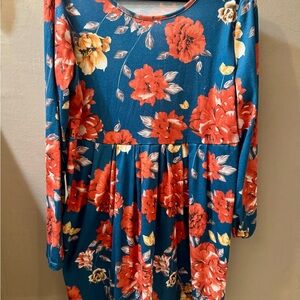 Blue Floral Long Sleeve Women’s Dress (Knee Length)